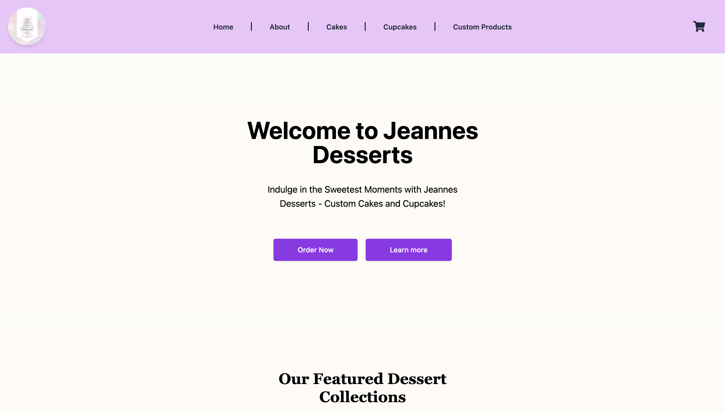 Landing page for Jeannes Desserts